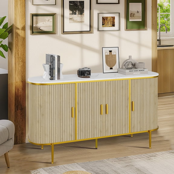 Danolapsi Modern Buffet Cabinet with Storage,59inch Console Table with Faux Marble Top, Curved Profile Sliding Doors for Kitchen, Living Room, Entryway
