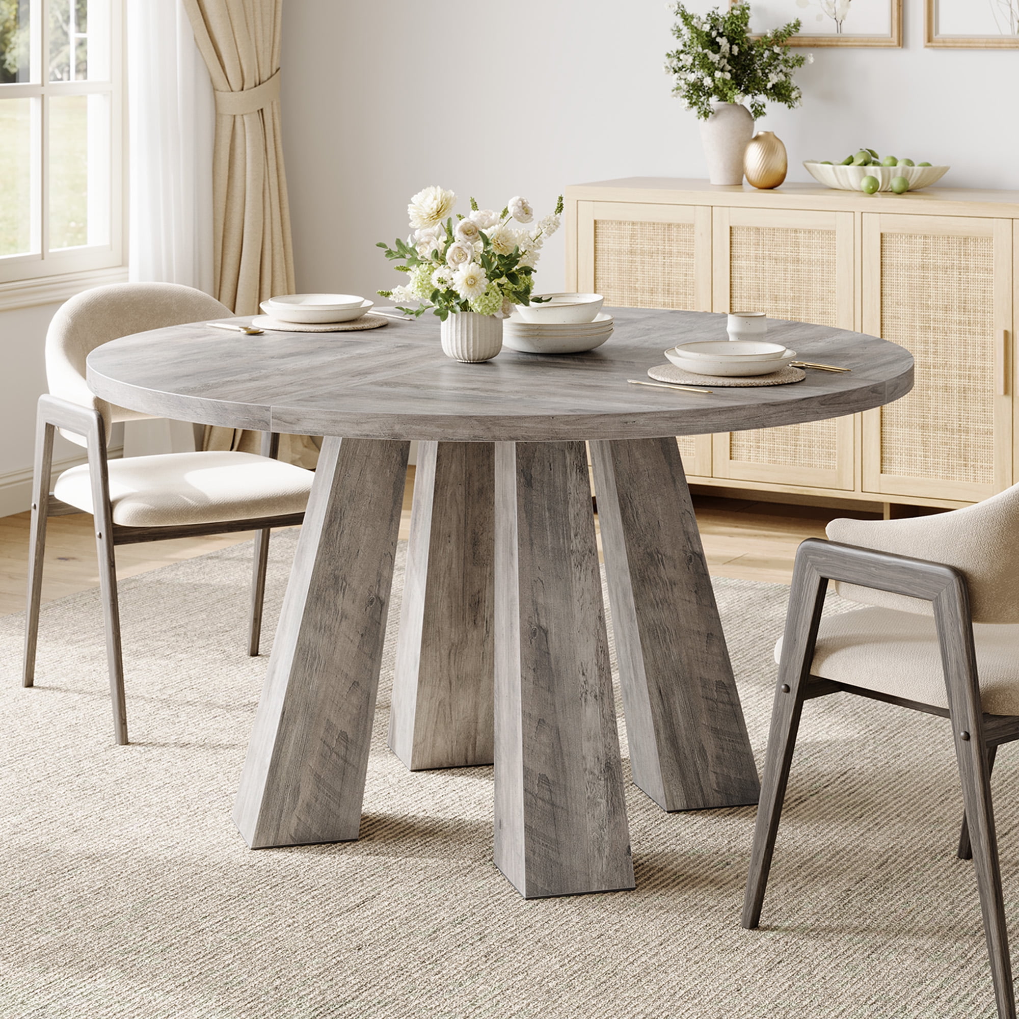 Danolapsi Modern Farmhouse Round Dining Table for 4-6 ,Sturdy Wood & Sturdy 4-Leg Base,Space ...