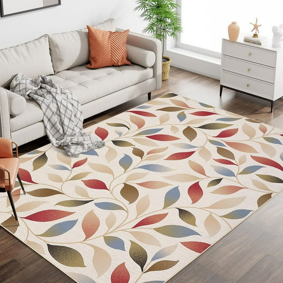 Danolapsi Modern Floral Area Rug,5*7ft Washable Non Slip Leaf Print Contemporary Living Room Carpet Low Pile Soft Foldable Botanical Floor Cover Stain Resistant Indoor Rug for Home Decor