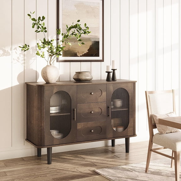 Danolapsi Modern Mid-Century Credenza Storage with Adjustable Shelves, 47" Sideboard Buffet Cabinet with Fluted Glass Doors & 3 Drawers,perfect for Kitchen, Dining Room, Living Room