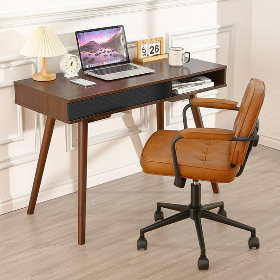 Danolapsi Modern Simple Home Office Desk,Mid Century Modern Computer Writing Desk with Drawer Solid Wood Legs and Open Storage Cubby,Small Vanity Table Desk for Bedroom