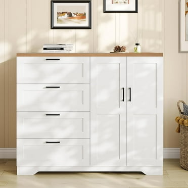 Danolapsi Multifunctional Wooden Dresser for Bedroom,43.3'' H 2 Door Wardrobe Armoire Closet with 4 Drawers and Hanging Rod,Bathroom Cabinet,Low Storage Cabinet for Hanging Cloth,White and Brown