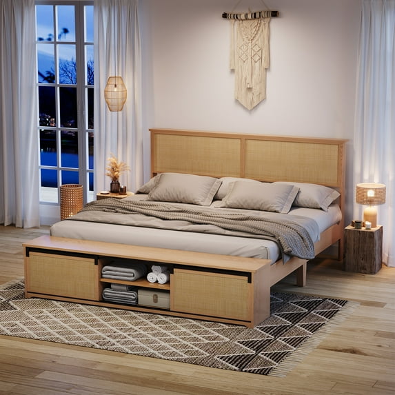 Danolapsi Natural Rattan Queen Size Bed Frame with Sliding Barn Door Storage Cabinets and LED Light Headboard, Boho Farmhouse Wood Platform Bed with Solid Wood Legs Support, No Box Spring Needed