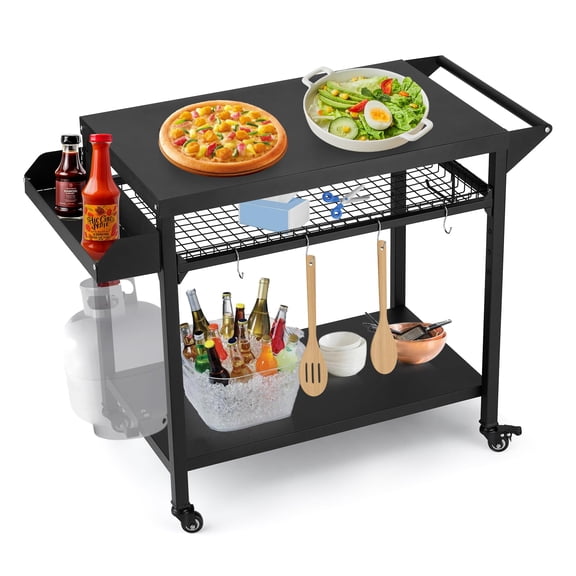 Danolapsi Outdoor Grill Dining Cart with Wheels & Mesh Rack,3-Shelf Grill Cart,Outdoor Pizza Oven Table and Food Prep Table,Black Table with Propane Tank Hook,Grill Stand for Griddle for Outside BBQ
