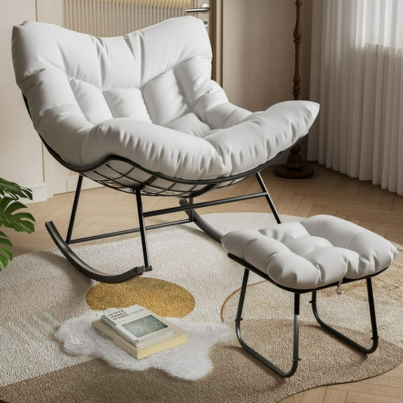 Danolapsi Outdoor Papasan Rocking Chair with Footrest, Oversized Lounge Chair with Ottoman and Sturdy Metal Frame, Patio Rattan Egg Rocker for Balcony Backyard Porch Bedroom