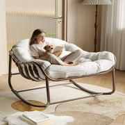 Danolapsi Outdoor Papasan Rocking Chair, Oversized Wicker Lounge Chair with Cushion and Metal Frame, Patio Rattan Egg Rocker for Balcony Backyard Porch Bedroom