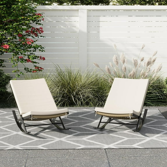 Danolapsi Outdoor Rocking Chairs Set of 2, Indoor Lounge Rocker Chair with Padded Cushion & Metal Frame & Rattan Seat, Lounge Chaise Chair for Front Porch, Garden, Backyard, Lawn, Patio