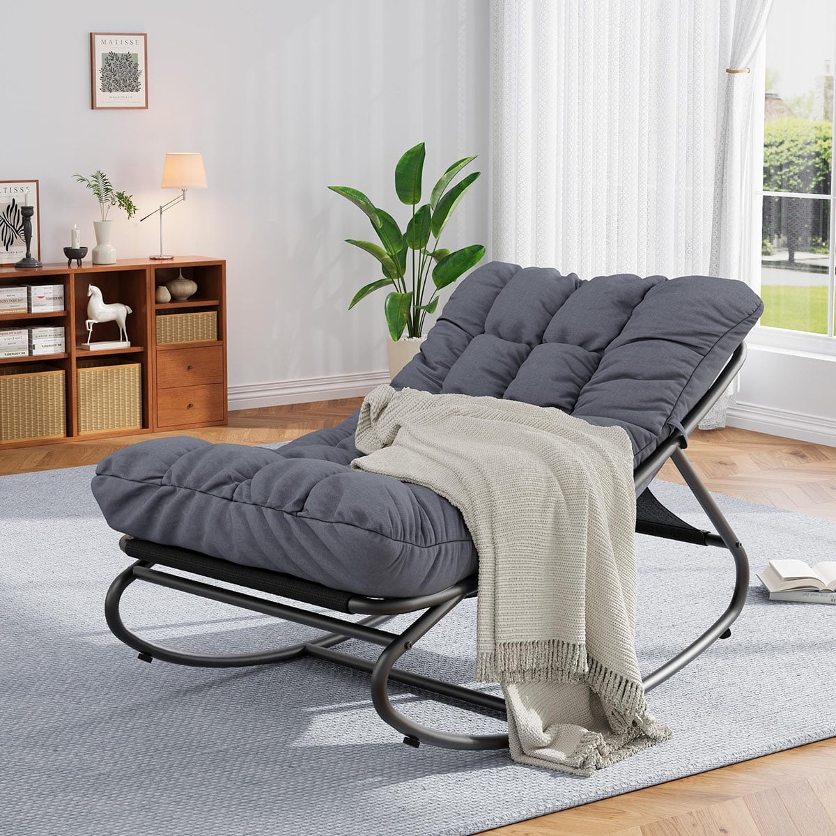 Danolapsi Outdoor Rocking Papasan Chair, Nursery Lounge Chair with Thick Cushions, Modern ...
