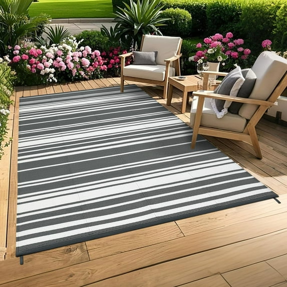Danolapsi Outdoor Rug Mat for Patio,8x10 Plastic Straw Rug,Waterproof Plastic Straw Mats,Modern Striped Outdoor Camping Rugs for Patio,RV,Porch, Deck,Backyard,Balcony,Camping,Trailer