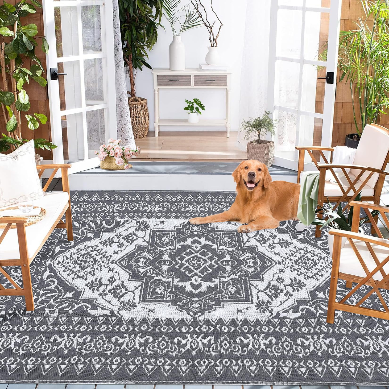 Danolapsi Outdoor Rugs 8x10 Waterproof Reversible Outdoor Plastic Straw Rug Vintage Retro Patio Rug Indoor Outdoor Carpet RV Mat Outside,Lightweight Portable Carpet with Storage Bag for Patio Camp