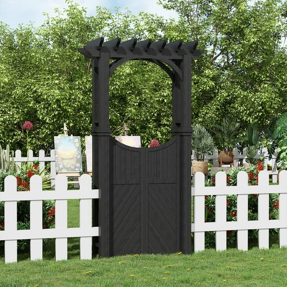 Danolapsi Outdoor Wooden Arch Trellis, Wood Garden Arbor with Gate, Wood Arbor for Climbing Planting Plant Stand, Yard, Garden Decor