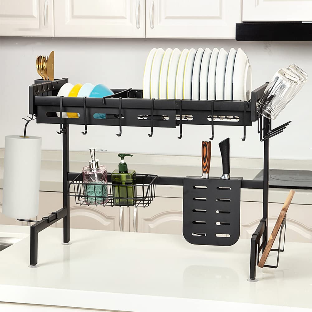 Danolapsi Over The Sink Dish Drying Rack (Expandable Height and Length),Adjustable Stainless Steel Kitchen Drainer Organizer for Plates,Cups, Knife,Utensils - Space,Saving Design,25.6-35.5 inch