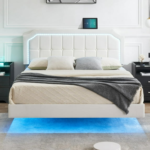 Danolapsi PU Upholstered Floating Bed Frame Full Size Bed Frame with RGB Led Lights Headboard,Metal Platform Full Bed with Adjustable Headboard,No Box Spring Needed,Easy Assembly,White