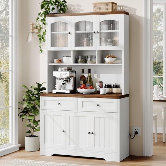 Danolapsi Pantry Cabinet with Charging Station, Tall Kitchen Pantry Storage Cabinet with Hutch,70.8 Inch Kitchen Cabinet with 30mm Thickened Countertop, Fluted Glass Doors, for Dining Room