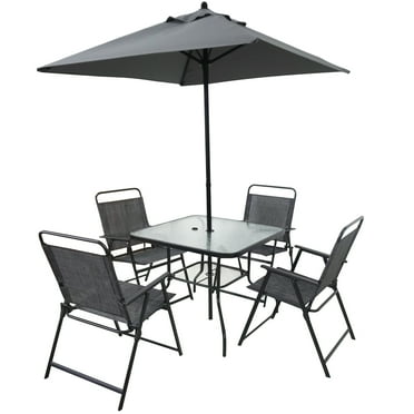 Danolapsi Patio Furniture Set, Dining Table Set For 4 With Fade Resistant Umbrella, Square Table, 4 Folding Dining Chairs, Tempered Glass Table Top, 6-Piece Patio Dining Set