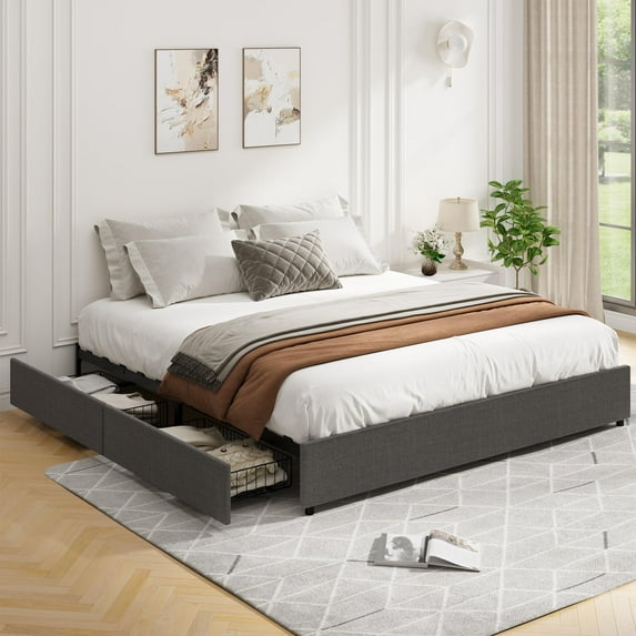 Danolapsi Platform Bed Frame,Fabric Upholstered with 4 Storage Drawers,Upholstered Platform Bed Frame,Mattress Foundation,No Box Spring Needed,Wooden Slats Support,Noise Free,Easy Assembly