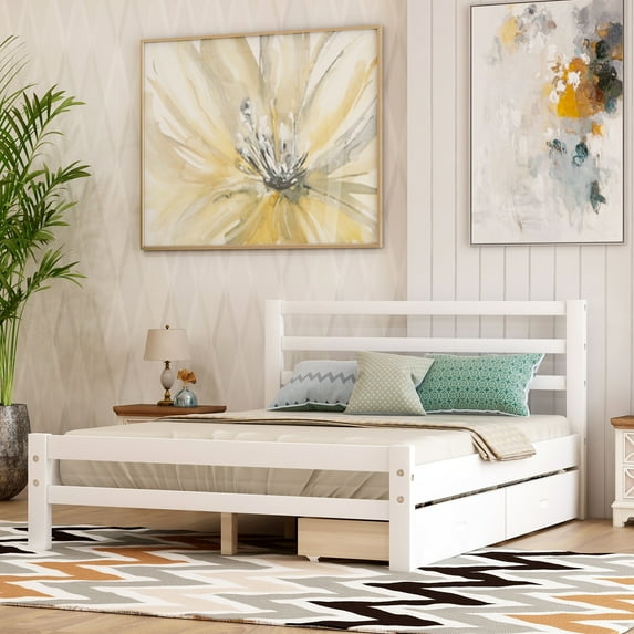 Danolapsi Queen Bed Frame Wooden Platform Bed Frames With Headboard And Under Bed Storage Drawers Wooden Slats Support Noiseless No Box Spring Needed Easy Assembly For Bedroom Guest Room