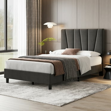 Danolapsi Queen Size Bed Frame with Adjustable Headboard, Velvet Upholstered Platform Bed Frame with Wooden Slats Support, No Box Spring Needed, Easy Assembly