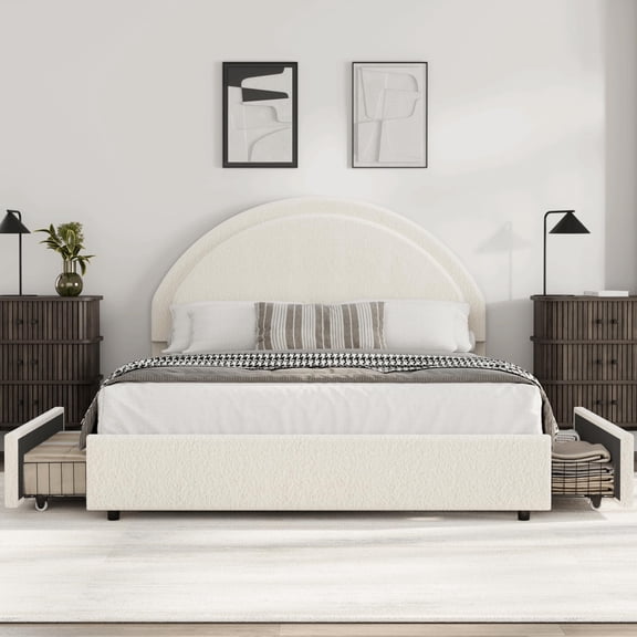 Danolapsi Queen Size Bed Frame with Storage Drawers, Upholstered Boucle Platform Bed with Round Headboard, Heavy Duty & Noise Free, No Box Spring Needed