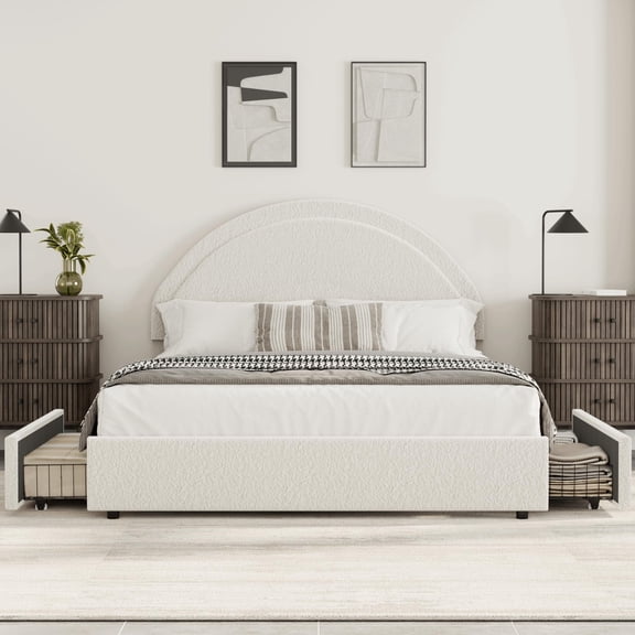Danolapsi Queen Size Bed Frame with Storage Drawers, Upholstered Boucle Platform Bed with Round Headboard, Heavy Duty & Noise Free, No Box Spring Needed