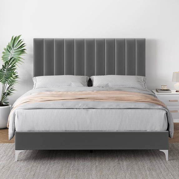 Danolapsi Queen Size Velvet Bed Frame,Upholstered Platform Bed with Adjustable High Headboard,Vertical Channel Tufted Headboard,Strong Wooden Slats,No Box Spring Needed,Easy Assembly,Grey