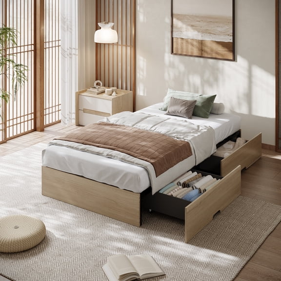 Danolapsi Queen Size Wood Platform Bed Frame with 2 Storage Drawers, Wooden Bed Frame Without Headboard,Minimalist Floor Platform Bed,Wood Slat Support,No Box Spring Needed,Easy Assembly