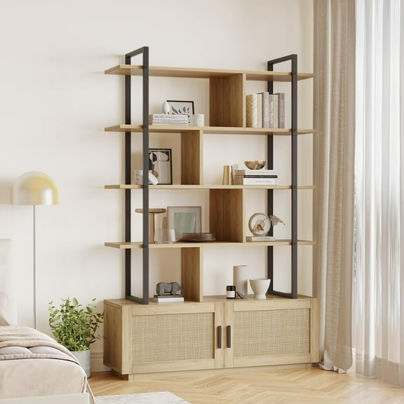 Danolapsi Rattan Bookshelf,71.1 Inch Tall Industrial Bookcase with Storage Door, Bookshelves and Bookcases with Open Display Shelves,5 Shelf Bookcase with Metal Frame for Living Room