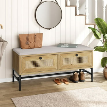 Danolapsi Rattan Shoe Bench Entryway Bench with Storage Drawer, Wooden Storage Bench with Linen Seat Cushion, for Hallway and Bedroom