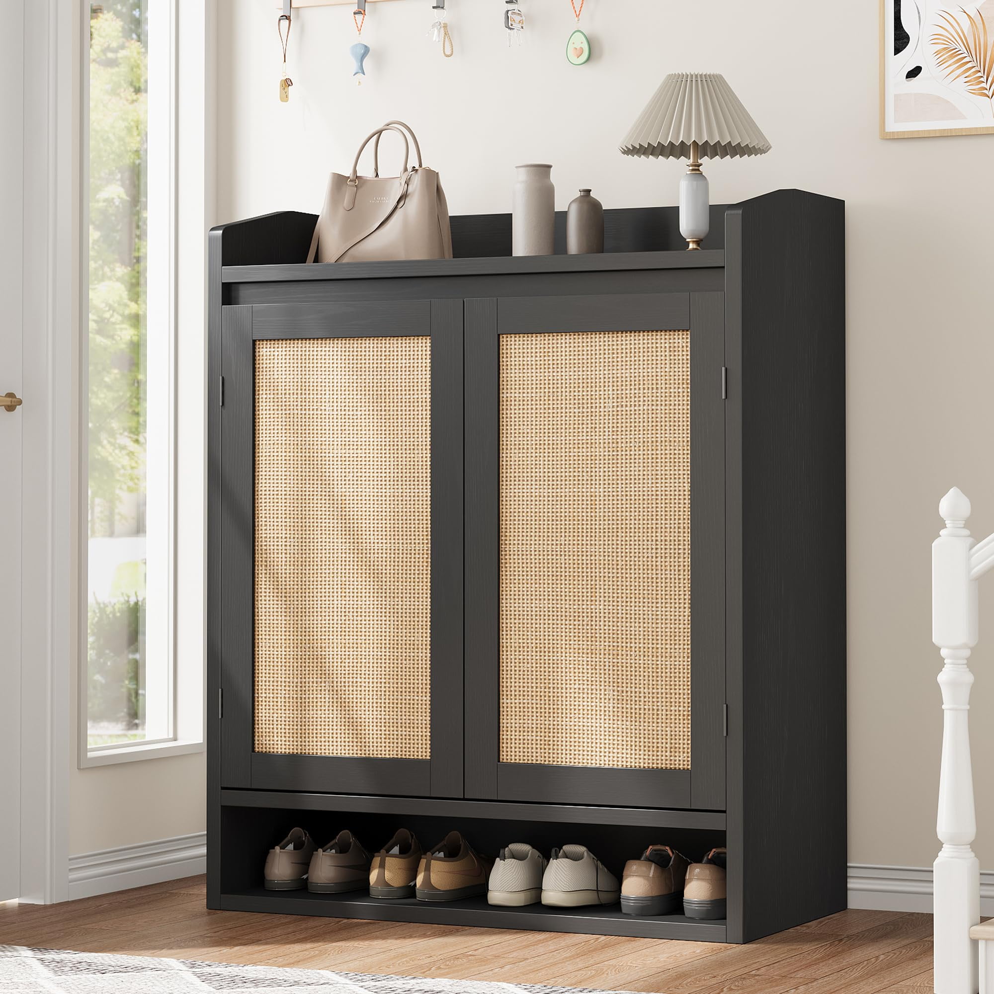 Black Engineered Wood Shoe Cabinet with Rattan Doors and Adjustable Shelves