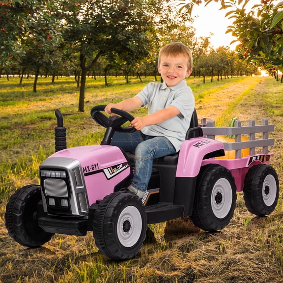 Danolapsi Ride on Tractor w/Trailer,12V Battery Powered Electric Vehicle Toy w/Remote Control,2+1 Gear Shift,Treaded Tires,USB,LED Lights,Speed Up to 5mph Ground Loader