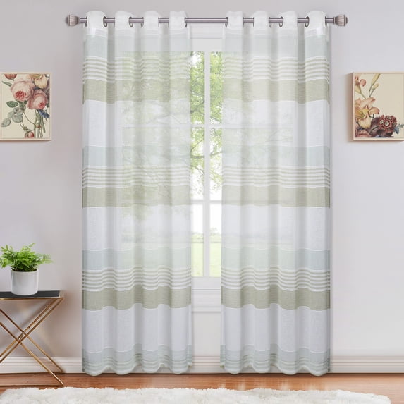 Danolapsi Sheer Window Curtains Horizontal Striped Curtains Balance Privacy & Light ,Grommet Top Elegant Vertical Voile Textured Window Dressings For Door Bedroom Living Room