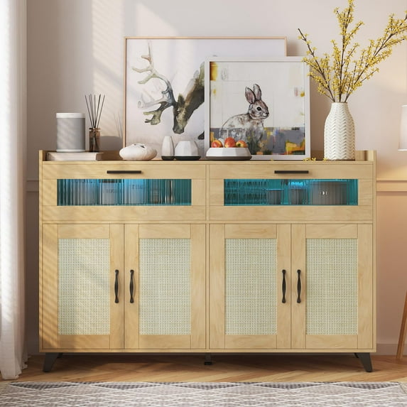 Danolapsi Sideboard Buffet Cabinet, 4 Rattan Doors 2 Drawers Accent Storage Cabinet, Console Table Coffee Bar w/Power Outlet & LED Light, Adjustable Shelves for Dining Living Room, Hallway