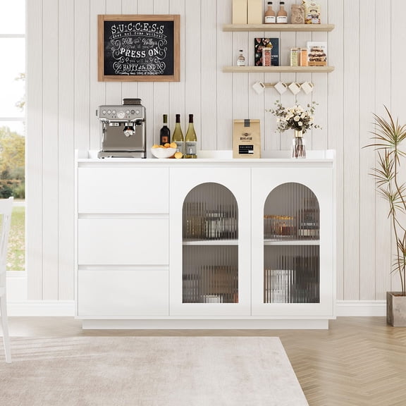 Danolapsi Sideboard Buffet Cabinet with Glass Door, Modern Storage Cabinet with Led Lights, 3 Drawers and Adjustable Shelves for Kitchen, Living Room, Dining Room