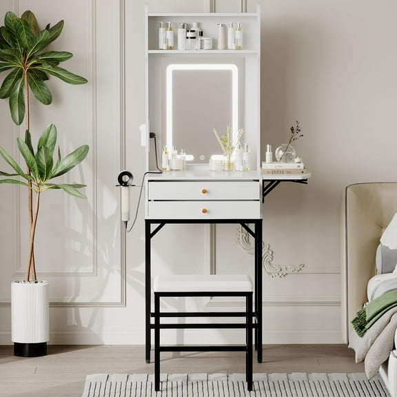 Danolapsi Small Makeup Vanity Desk Set with Mirror,Makeup Vanity Set with Drawers,Mini Makeup Vanity with Adjustable Lighted,Hair Dryer Holder,Fold-up Panel,Compact Makeup Dressing Table for Bedroom