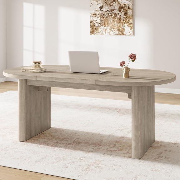 Danolapsi Spacious Oval Dining Table for 4-8, Double Pedestal Base,Modern Wood Strip Support & Sturdy MDF Top,Kitchen, Dining, Office, Restaurant,table only