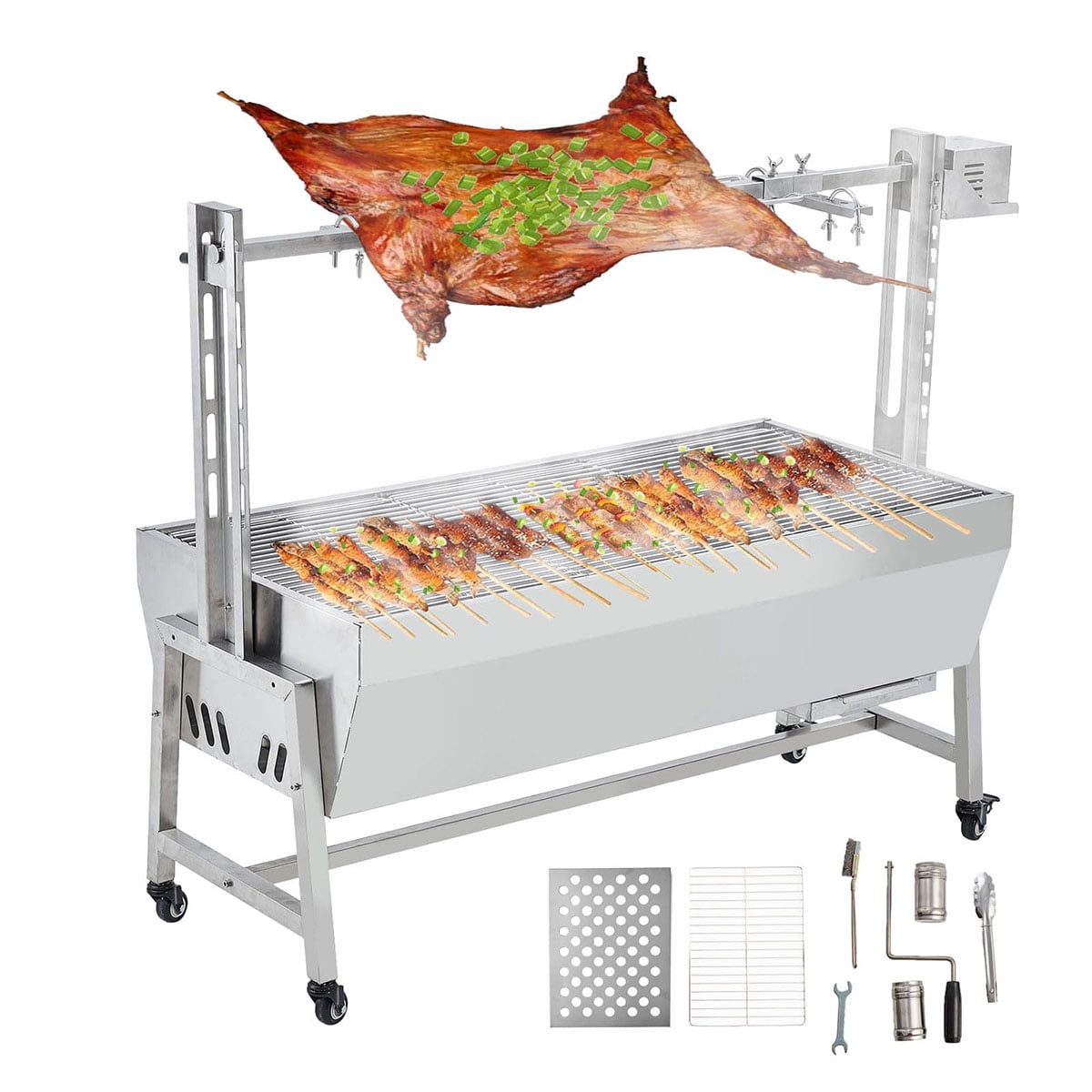 Danolapsi Stainless Steel Automatic Rotisserie Grill, 54in 132LB Capacity Electric BBQ Pig Lamb Rotisserie Roaster 50W Motor, Charcoal Spit Roaster Grill for Outdoor Kitchen, Camping
