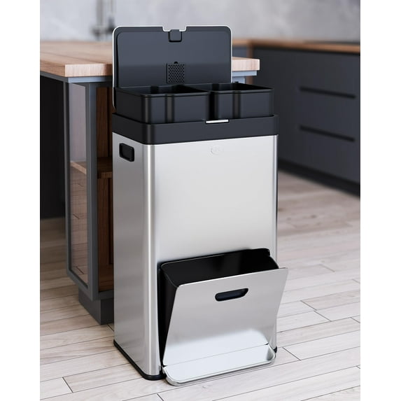 Danolapsi Stainless Steel Kitchen Trash Can 14.8 Gallon Kitchen Garbage Bin with Foot Pedel,Fingerprint-Proof Stainless Steel Classified Recycle Rubbish Bin with 3 Removable Inner Buckets