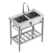 Danolapsi Stainless Steel Sink, Freestanding Double Bowl Laundry Sink with Hot & Cold Hoses, Outdoor Camping Utility Sink for Garage, Restaurant, Backyard