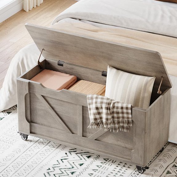 Danolapsi Storage Chest,39.4'' Wooden Storage Bench with 4 Wheels,Storage Trunk With 2 Safety Hinges,Toy Box Support 350 lbs for Bedroom,Entryway Bench With Storage,for Living Room,Gray