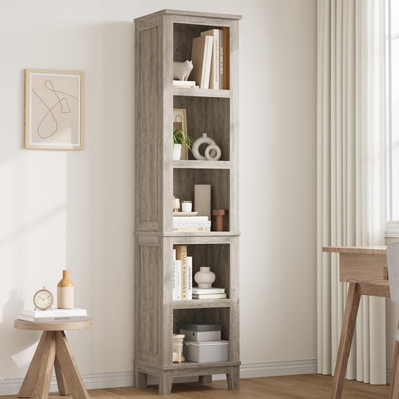 Danolapsi Tall Narrow Bookcase 5 Tier Corner Bookshelf Wooden Farmhouse Bookshelves Display Shelf Storage Organizer Rustic Vintage Etagere Oak for Home Office,Living Room,Bed Room,Grey
