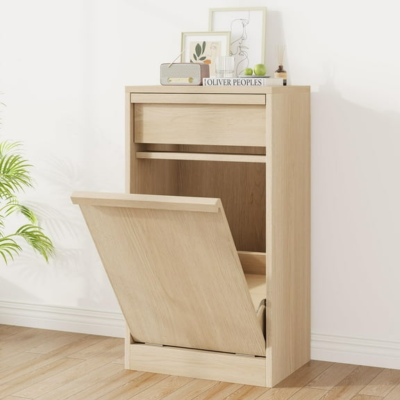 Danolapsi Tilt Out Trash Cabinet, Hidden Trash Cabinet with 10 Gallon Storage, Pet-Proof Freestanding Garbage Can Cabinet Laundry Hamper for Kitchen Dining Room