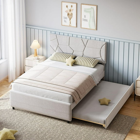 Danolapsi Trundle Bed Twin, Full Size Upholstered Platform Bed Frame, Pull Out Bed with Headboard, Wood Slat Support, for Bedroom, Living Room, Guest Room(ship in 2 boxes)