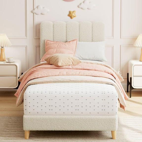 Danolapsi Twin Bed Frame,Boucle Upholstered Platform Bed with Wave Headboard for Girls and Boys,Low Profile Sturdy Platform Bed,Easy Assembly,Wooden Slats Support,No Box Spring Needed