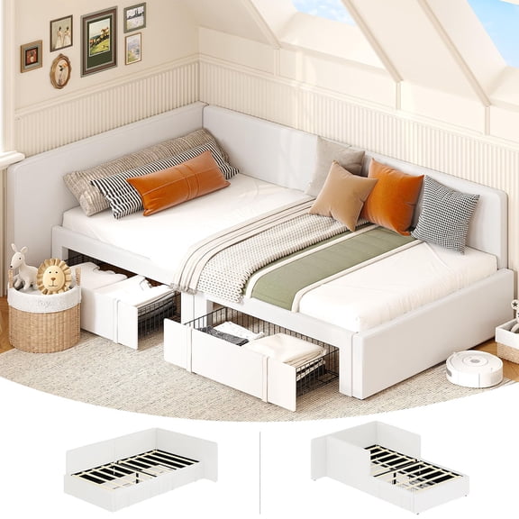 Danolapsi Twin Daybed with Storage Drawers, Velvet Upholstered Corner Bed Frame with Headboard, Modern Bed with Bed Rails for Living Room, Bedroom, Easy Assembly