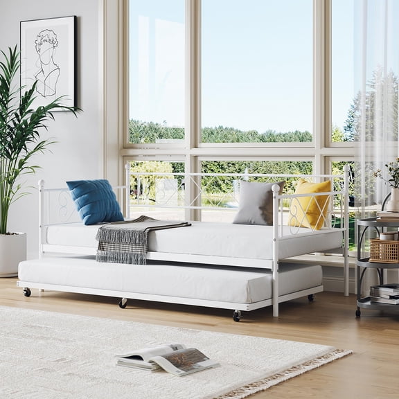 Danolapsi Twin Daybed with Trundle,Metal Trundle Bed,Premium Steel Slat Support,Sofa Bed Frame,Space Saving Trundle Sofa Bed for Living Room,Bedroom and Guest Room