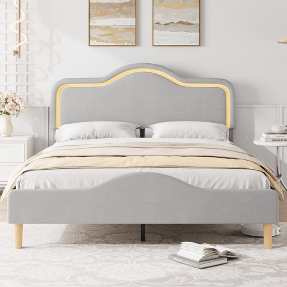 Danolapsi Twin/Full/Queen Size Bed Frame with Adjustable LED Headboard and Footboard, Velvet Upholstered Princess Platform Bedframe with Wooden Slats Support, No Box Spring Needed