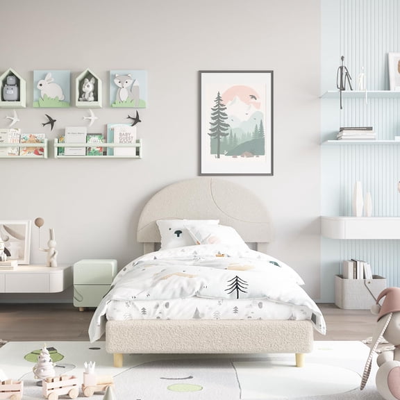 Danolapsi Twin/Full Size Bed Frame with Round Boucle Headboard, Upholstered Arch-Shaped Designk, Modern Wooden Slats Bed, No Box Spring Required & Easy Assembly