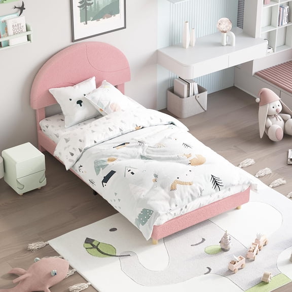 Danolapsi Twin/Full Size Bed Frame with Round Boucle Headboard, Upholstered Arch-Shaped Designk, Modern Wooden Slats Bed, No Box Spring Required & Easy Assembly