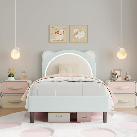 Danolapsi Twin Size Bed Frame, Upholstered Platform Bed Frame with Adjustable Headboard & Led Light, Wooden Slats Support, No Box Spring Needed