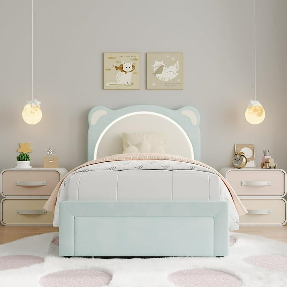 Danolapsi Twin Size Bed Frame, Upholstered Platform Bed Frame with Adjustable Headboard & Led Light, Wooden Slats Support, No Box Spring Needed